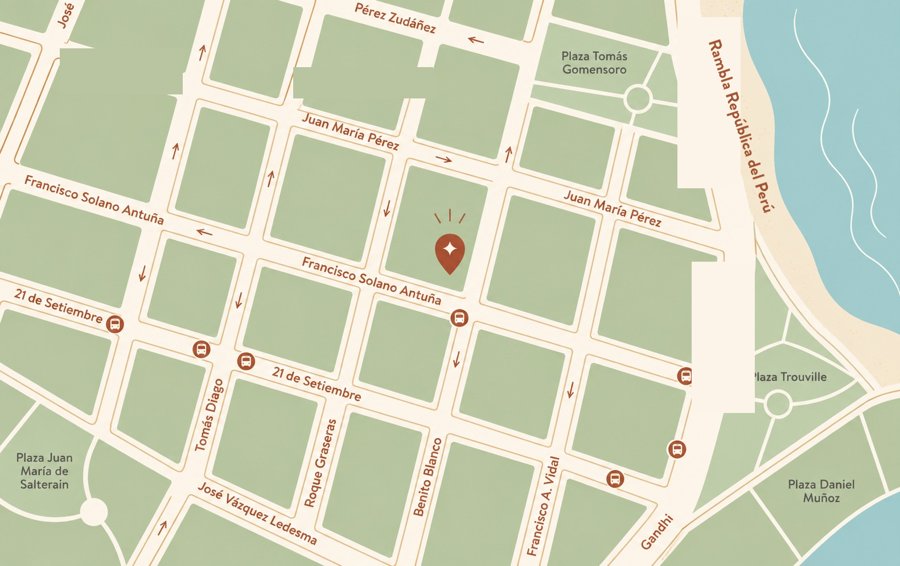 Mapa ilustrado de Pocitos con Delishop en Benito Blanco 705