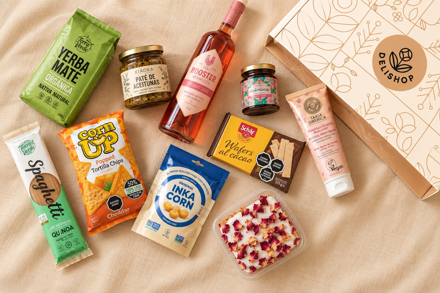 Productos de Delishop junto a la caja de regalo