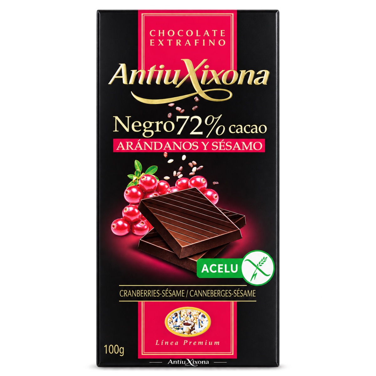 Chocolate negro 72% con arándanos y sésamo
